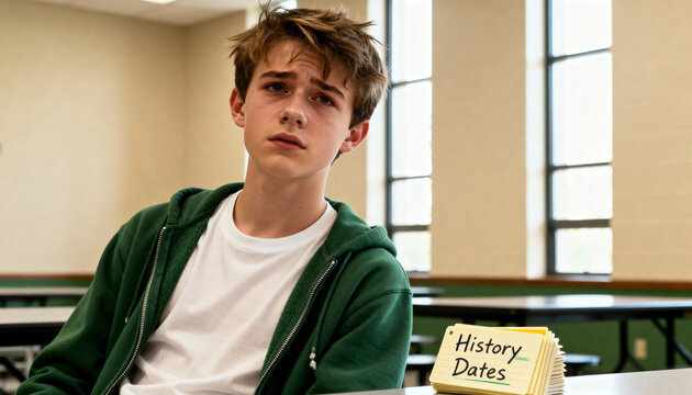 Overwhelmed teenage student studying for a history exam. Stressed high school boy with flashcards in a classroom. Concept of academic pressure and learning difficulties - Powered by Adobe