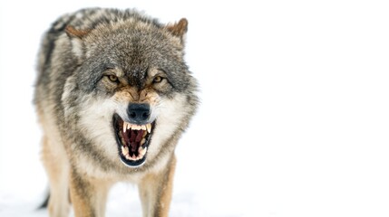 Obraz premium Snarling Wolf With Bared Teeth In Snowy Winter Scene 