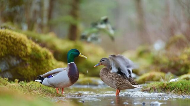 A captivating close-up features two ducks, a male displaying iridescent green and deep chestnut plumage, and a female exhibiting intricate patterned brown feathers, as they stand gracefully in a shall