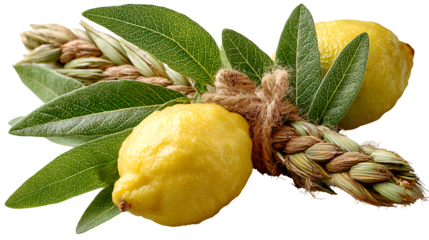 Festive composition of etrog, lulav, and willow leaves for Sukkot festival isolated on white background