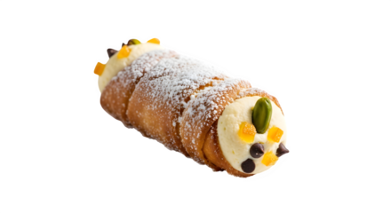 Delicious cannolo siciliano with ricotta cheese, candied fruit, pistachio and icing sugar traditional italian pastry