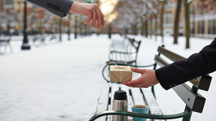 Hands exchanging a gift box in a snowy park setting  