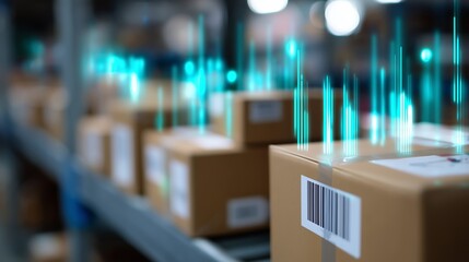 Boxes organized on shelves in a warehouse with digital elements indicating inventory updates
