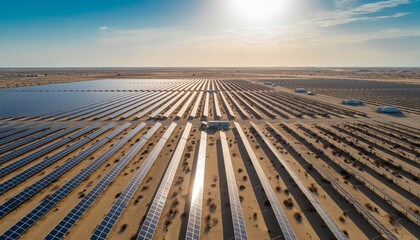 Endless desert solar panel rows reflect sunlight, generating clean energy in a vast, sustainable landscape under a clear blue sky.