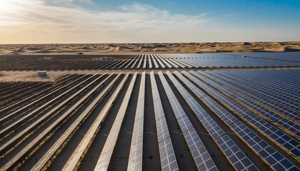 Endless solar panels desert sunrise, renewable energy shines brightly as sunlight reflects on massive photovoltaic fields in an arid, modern, and sustainable landscape.