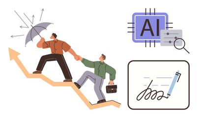 Two professionals climbing an arrow graph, one shielding with an umbrella, AI chip, and digital signature. Ideal for teamwork, leadership, technology, AI innovation strategy progress. Simple flat