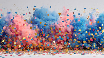 Explosive burst of pink and blue clouds with colorful confetti abstract explosion