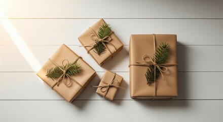Christmas gift boxes and decorations surround an isolated golden holiday tree package with a red ribbon bow