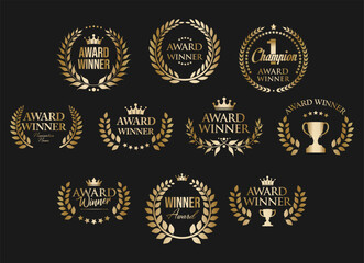 Award Winner emblem and badges collection of gold laurel wreath isolated on black background 