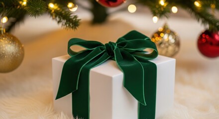 Green pine branches with golden ornaments and red ribbon bows decorate a Christmas tree surrounded by holiday gift boxes and presents