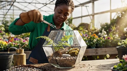 Woman Carefully Arranging Plants in Geometric Terrarium in Greenhouse