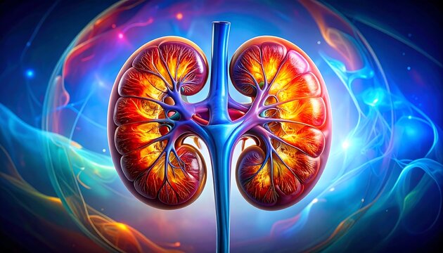Detailed Kidney Illustration with Vibrant Colors and Intricate Details.
