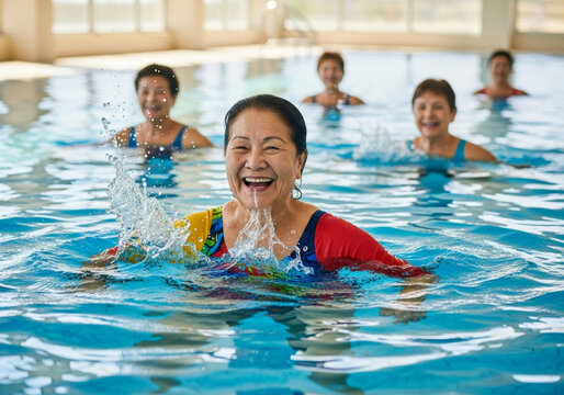 Happy senior woman enjoys healthy retirement with her community. fun concept for active swimming pool exercise - Powered by Adobe