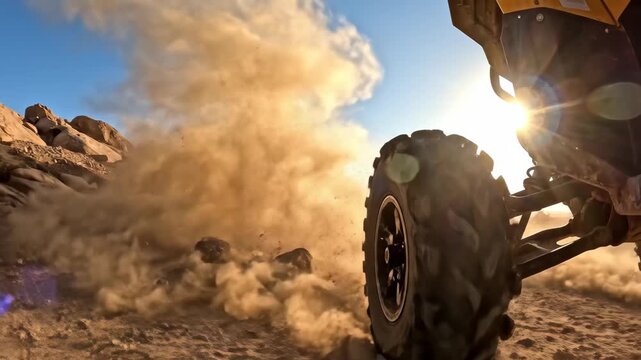 Side-by-side utv tearing across a rocky desert track, kicking up clouds of dust under a clear sunny sky &mdash; high-speed off-road adventure across rugged arid terrain