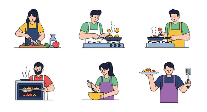 People cooking delicious healthy meals at home, preparing food together with joy and fun