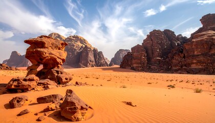 Majestic Desert Landscape of Wadi Rum, Jordan with Red Rock Formations.