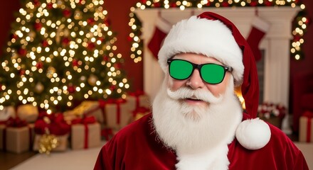 Santa Claus Wearing Green Screen Sunglasses in Cozy Christmas Setting