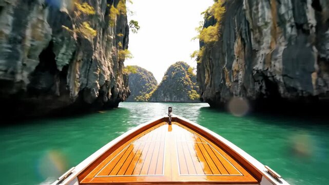 Motorboat cutting through emerald phang nga bay waters between towering limestone karsts draped in lush green vegetation, evoking tropical adventure and serene island travel