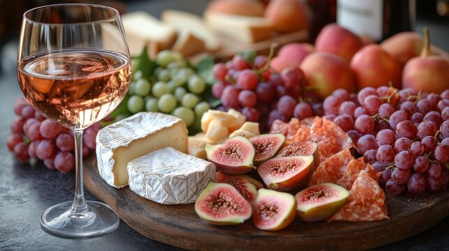 Indulge in a luxurious display of fine cheeses, fresh fruits, and a glass of rosé, perfect for an elegant gathering - Powered by Adobe
