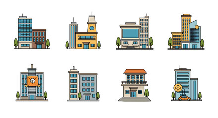 Fototapeta premium City skyline with diverse office buildings and municipal architecture, vector graphics style
