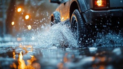 Rain pours heavily as a vehicle navigates flooded streets, creating splashes and ripples under city lights at twilight