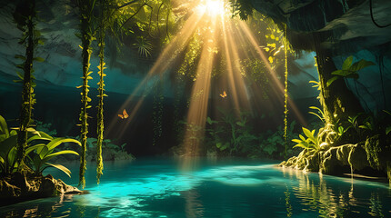 A stunning hidden cenote surrounded by dense tropical rainforest, with sunlight peeking through the trees and illuminating the crystal-clear water. Ideal for nature, adventure, and tropical paradise.