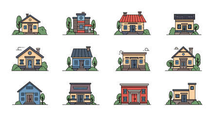 Charming vector homes showcase neighborhood diversity and architectural styles collection