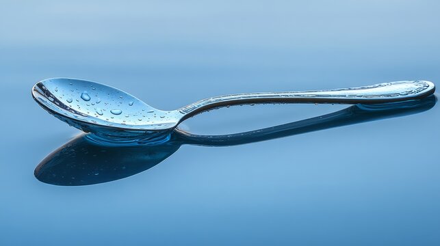 A silver spoon rests on a tranquil blue background, adorned with glistening water droplets for elegance