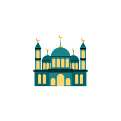 A simple flat-style illustration of a mosque with domes and minarets, featuring teal and yellow tones. The design represents Islamic architecture and is commonly associated with Ramadan, Eid al-Fitr, 