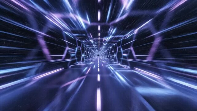 Futuristic tunnel illustrating hyperspace travel and warp speed through a hexagonal neon lit pathway, showing abstract light streaks and motion blur in deep outer space