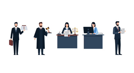 Diverse legal team ready for justice in court, attorneys and staff, law firm illustration