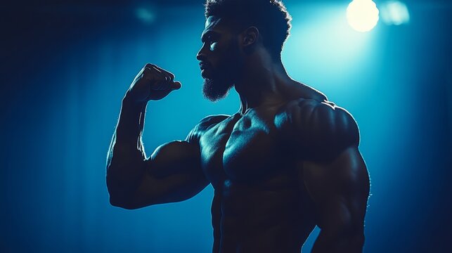 A strong figure with impressive biceps shines in blue light, embodying the spirit of fitness
