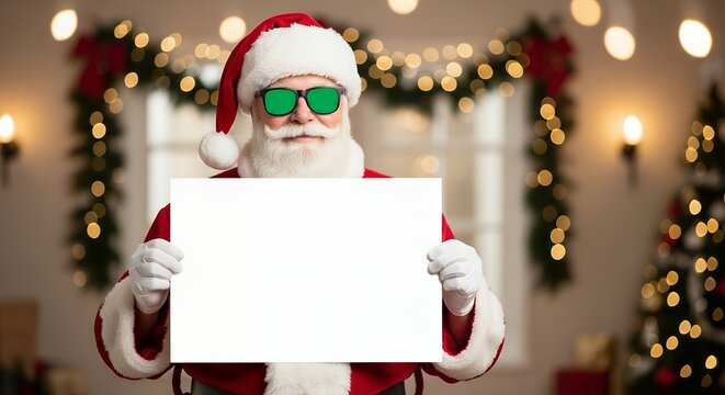 Santa Claus Holding Blank Sign Wearing Green Screen Sunglasses for Holiday Advertisement Template