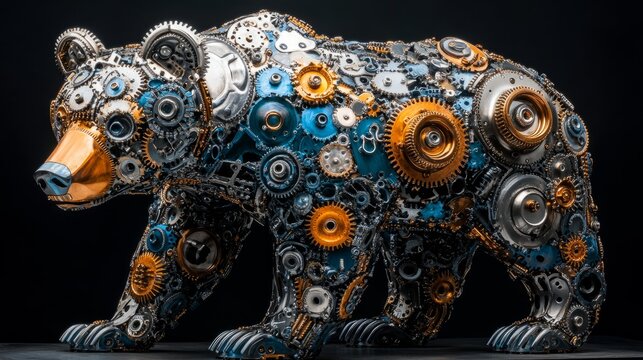 A bold bear made of gears and metal showcases artistic innovation and industrial design