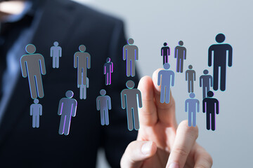 Abstract image of a person's hand interacting with a digital representation of people. Symbol of communication