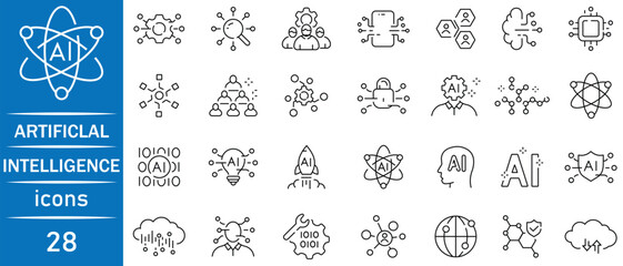 Set of Ai-artificial intelligence icon set. Internet and network line icons. Vector illustration in modern thin line style icons of AI technology. Neural Network. Vector illustration.