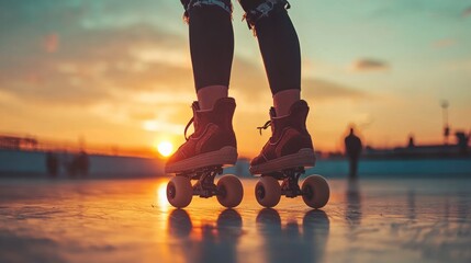 Person roller skating at sunset with a blurred background.