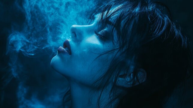 An enchanting woman in blue mist exudes mystery and allure in a captivating atmosphere
