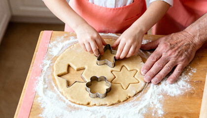 A child and a grandparent baking cookies together. Close-up of hands using a star-shaped cutter on dough. Family tradition and holiday food preparation