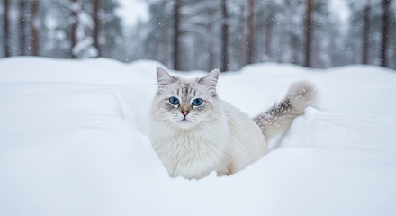 Snowy cat sitting in snow among trees during winter season  