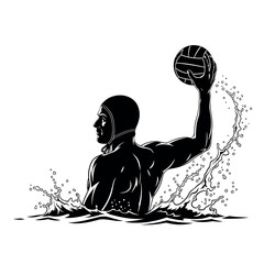 Water polo player silhouette throwing ball in water splash