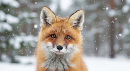 Red fox looking at the camera with snow falling in winter forest  