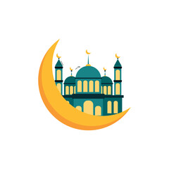 This icon depicts a beautiful mosque framed by a large golden crescent moon, symbolizing faith, peace, and spirituality during Ramadan and Eid celebrations. The elegant design combines Islamic archite