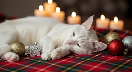 White cat resting on holiday table with Christmas decorations and candles  