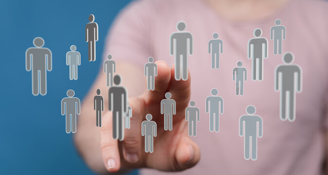 Hand interacting with digital human figures representing social connections, teamwork, and virtual interaction.