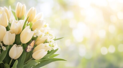 88.A nature-inspired bouquet with soft yellow petals of tulips blending harmoniously with the delicate white lilies, a graceful butterfly resting gently among the flowers, creating a poetic outdoor