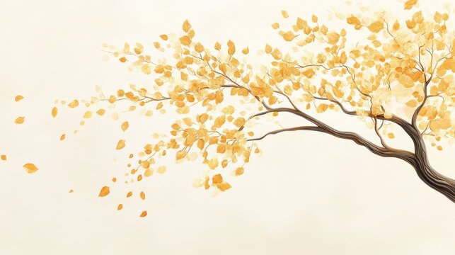 52.A delicate and artistic depiction of a single tree with golden autumn leaves, intricately rendered to showcase the organic patterns of its branches and the natural flow of its foliage.