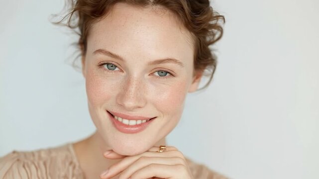 A close-up portrait captures a young adult with vibrant blue eyes, natural freckles, and a gentle, authentic smile. The individual poses thoughtfully with a hand resting under the chin, conveying a se