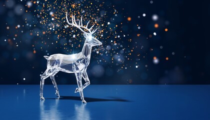 Crystal reindeer sculpture with sparkling bokeh lights on dark blue background, festive winter holiday decoration
