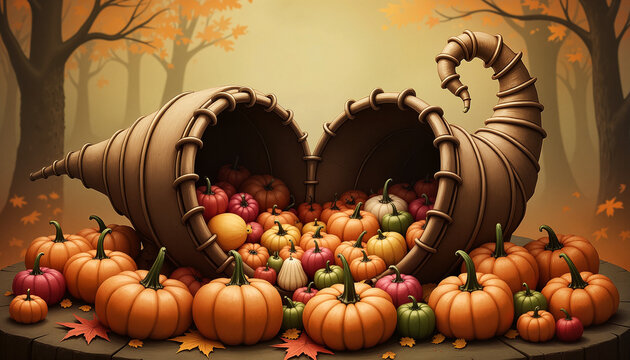 Horn of plenty spilling pumpkins and gourds on wooden table, Thanksgiving harvest